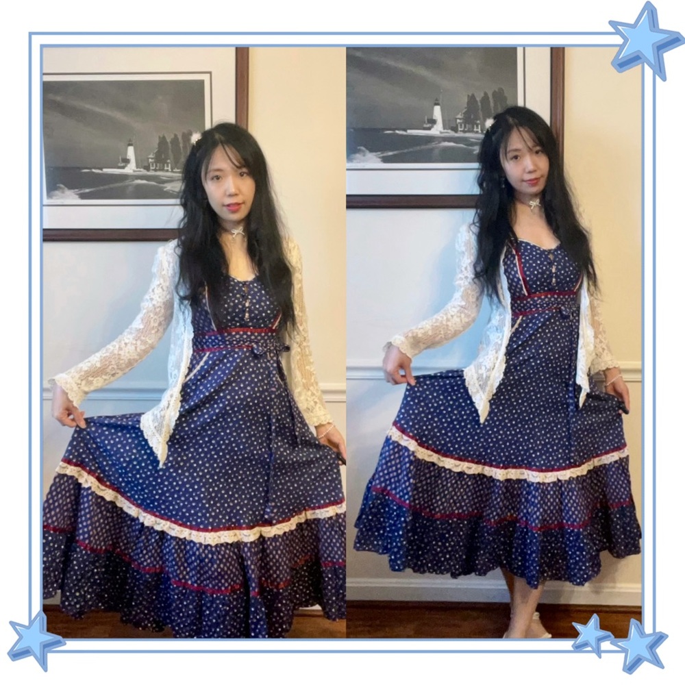 VTG 🦋Gunne Sax🦋 70’s Navy & Red Calico floral Cottage Core Prairie Dress✨